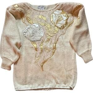 Nannell Vintage Metallic Knit Sweater Floral Gold Applique Ivory Size L